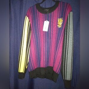 WeSC Leon Anniversary Stripe Retro Style Sweater Mens Lg Wine Colorblock $98 NWT